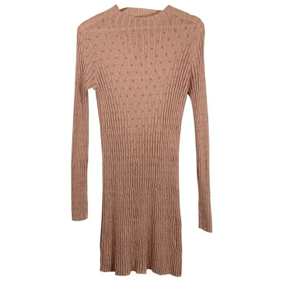 Lulus Women's Ribbed Eyelet Long Sleeve Bodycon Midi Dress Pink Sz XL Mock Neck - Picture 1 of 5